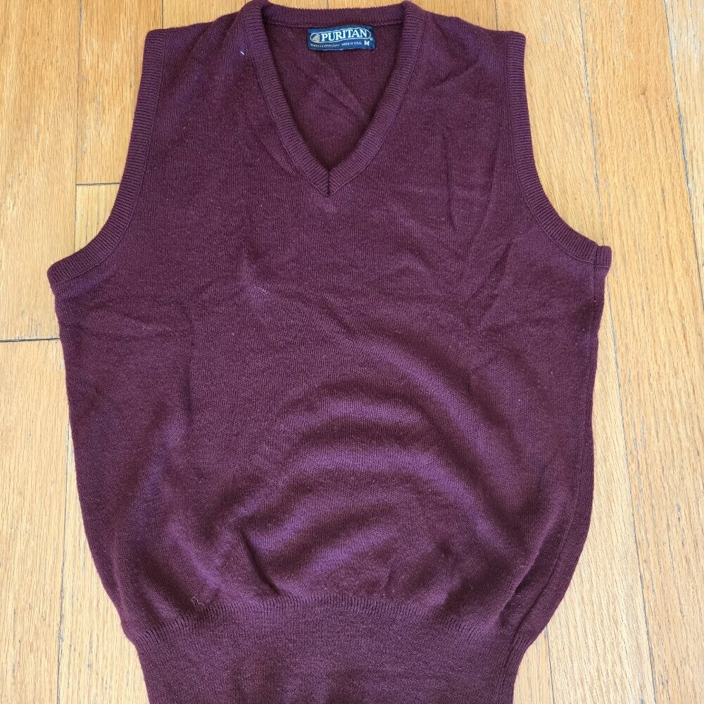 Vintage PURITAN Orlon Acrylic Knit Sweater Vest Men's Medium V-Neck Red USA
